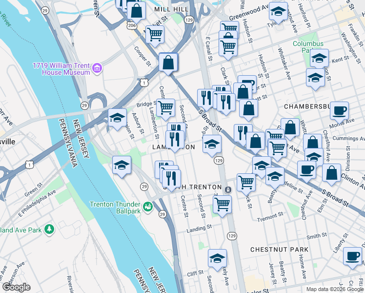 map of restaurants, bars, coffee shops, grocery stores, and more near 144 Turpin Street in Trenton