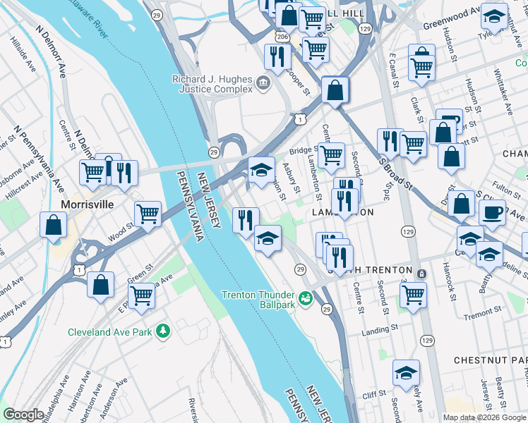 map of restaurants, bars, coffee shops, grocery stores, and more near 99 Ferry Street in Trenton