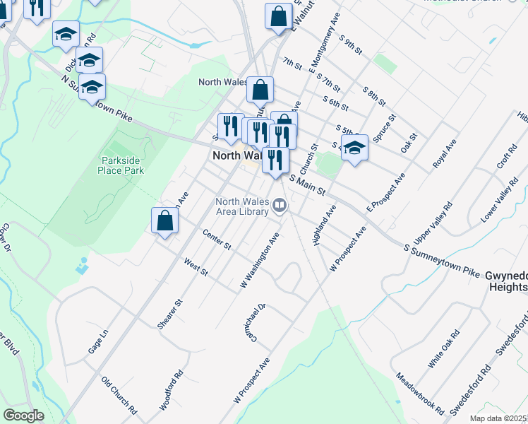 map of restaurants, bars, coffee shops, grocery stores, and more near 205 South Pennsylvania Avenue in North Wales