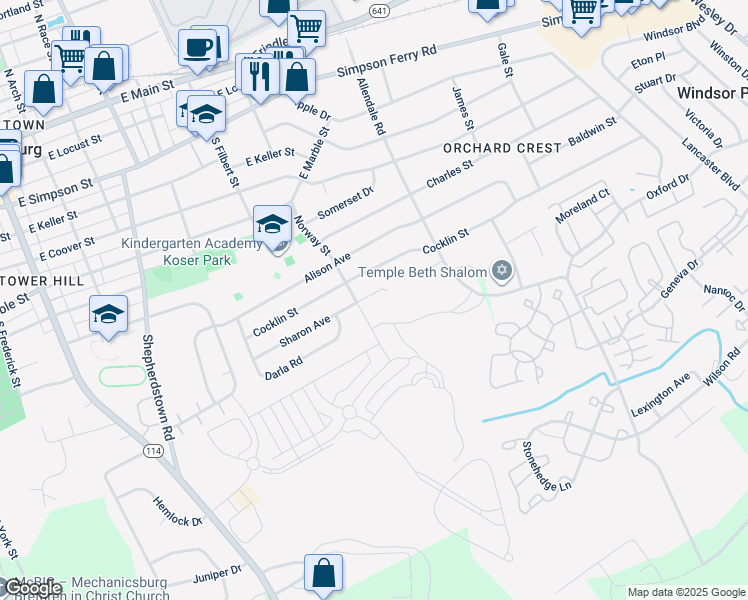 map of restaurants, bars, coffee shops, grocery stores, and more near 602 Sharon Avenue in Mechanicsburg