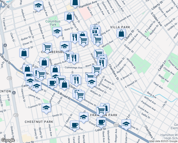 map of restaurants, bars, coffee shops, grocery stores, and more near 334 Hewitt Street in Trenton