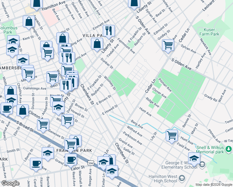 map of restaurants, bars, coffee shops, grocery stores, and more near 347 Woolsey Street in Hamilton Township
