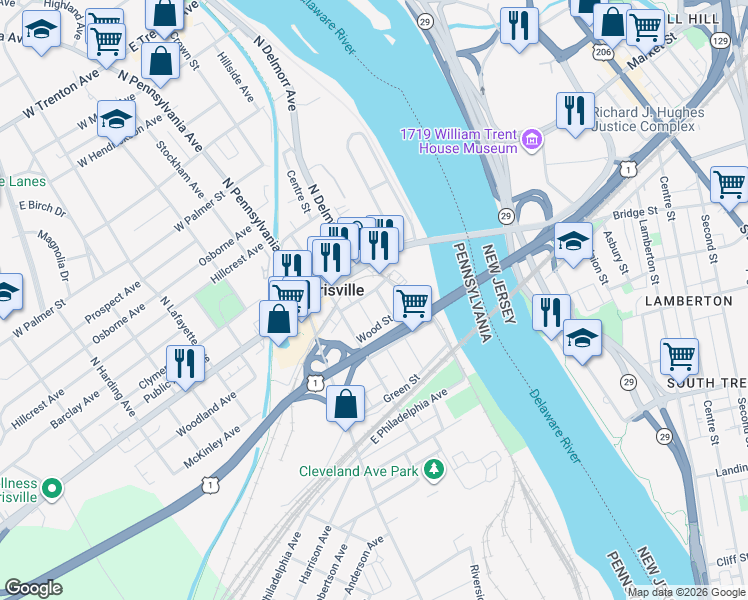 map of restaurants, bars, coffee shops, grocery stores, and more near 55 South Delmorr Avenue in Morrisville