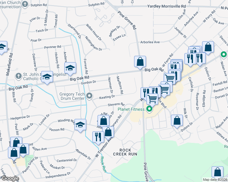 map of restaurants, bars, coffee shops, grocery stores, and more near 530 Hammond Drive in Yardley