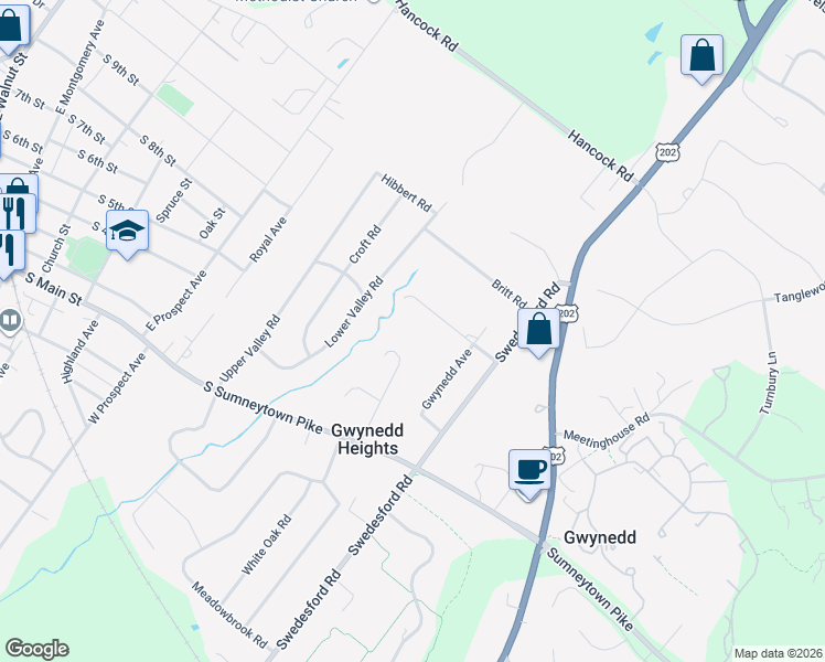 map of restaurants, bars, coffee shops, grocery stores, and more near 313 6th Street in North Wales