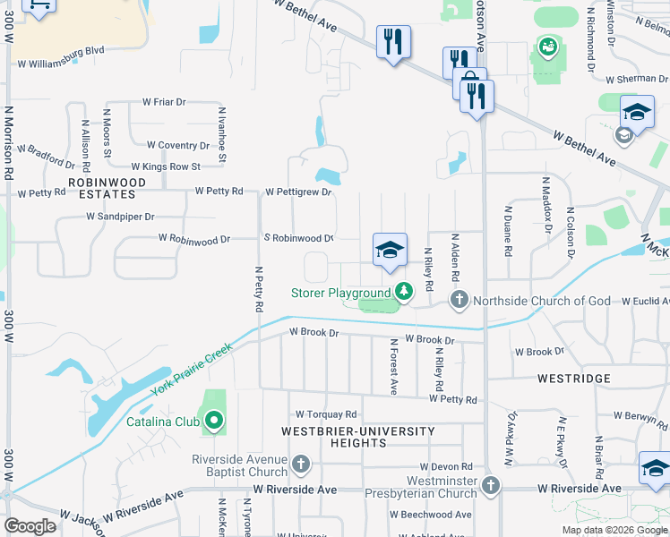 map of restaurants, bars, coffee shops, grocery stores, and more near 3405 West Robinwood Drive in Muncie