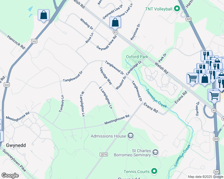 map of restaurants, bars, coffee shops, grocery stores, and more near 1402 Uxbridge Way in North Wales