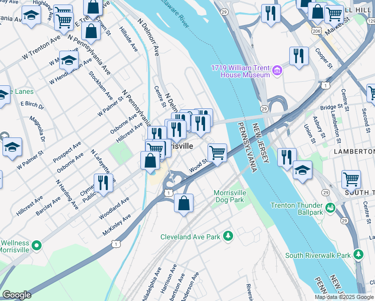 map of restaurants, bars, coffee shops, grocery stores, and more near 78 Pennsylvania 32 in Morrisville