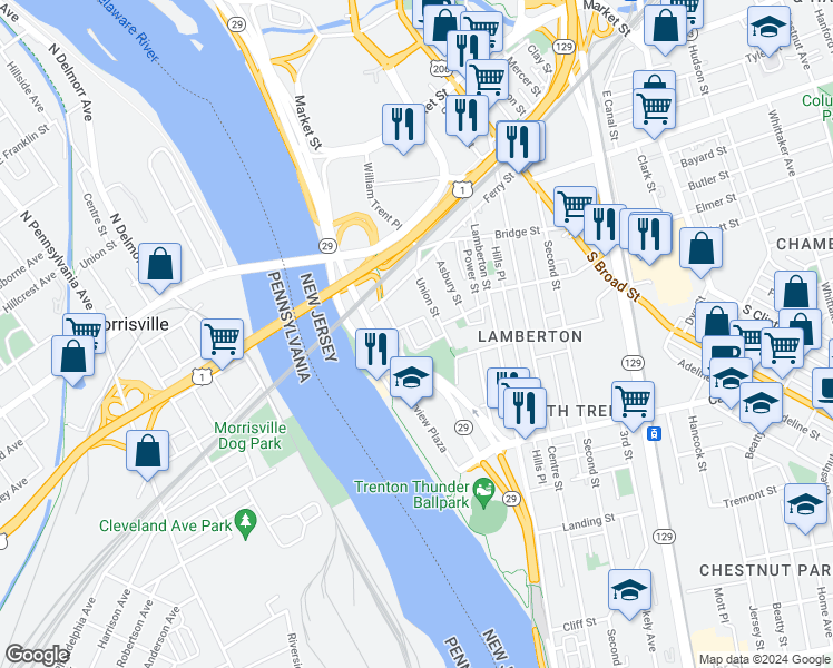 map of restaurants, bars, coffee shops, grocery stores, and more near 12A Steel Street in Trenton