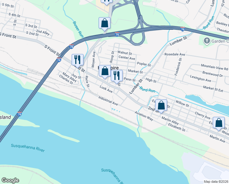 map of restaurants, bars, coffee shops, grocery stores, and more near 21 Railroad Street in Highspire