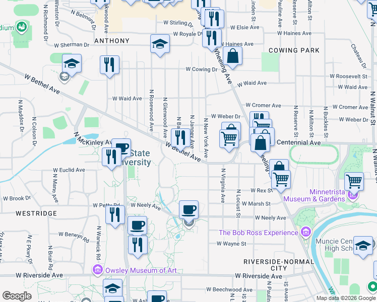 map of restaurants, bars, coffee shops, grocery stores, and more near 1619 North Janney Avenue in Muncie