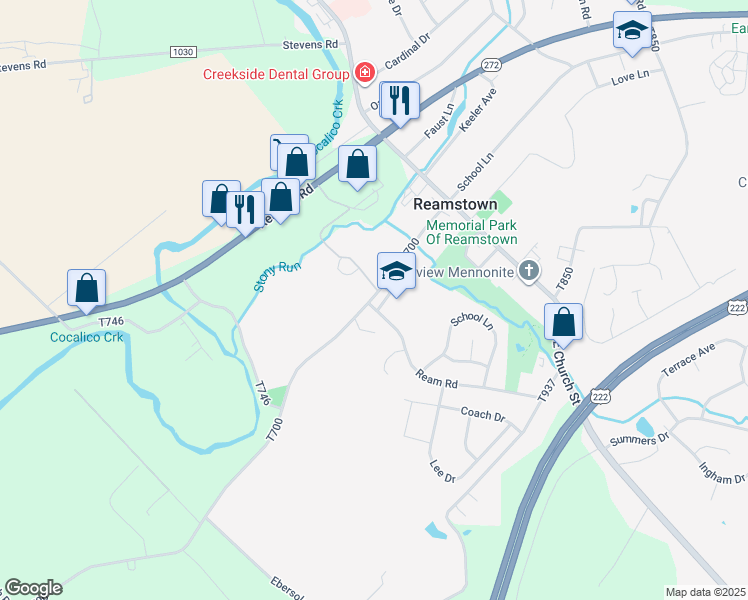 map of restaurants, bars, coffee shops, grocery stores, and more near 44 South Reamstown Road in Stevens