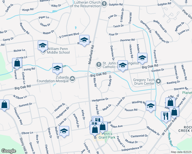 map of restaurants, bars, coffee shops, grocery stores, and more near 931 Big Oak Road in Morrisville