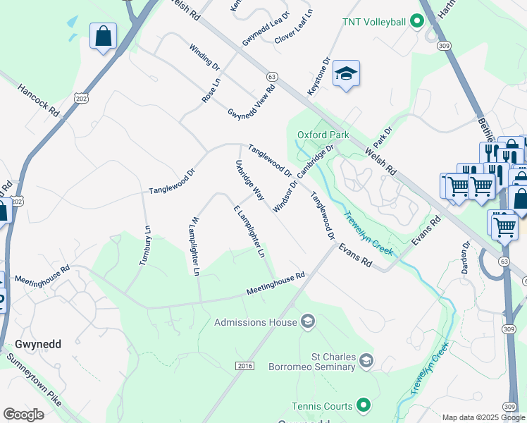 map of restaurants, bars, coffee shops, grocery stores, and more near 1402 Uxbridge Way in North Wales