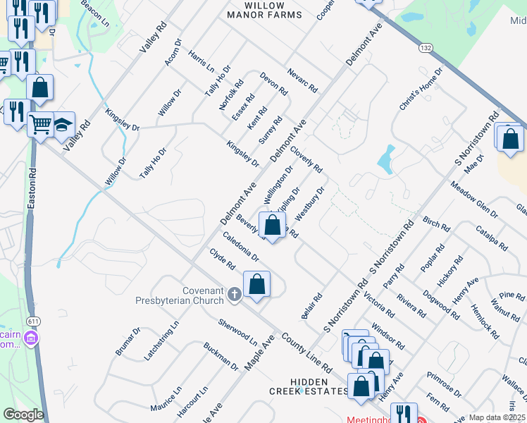 map of restaurants, bars, coffee shops, grocery stores, and more near 153 Wellington Drive in Warminster