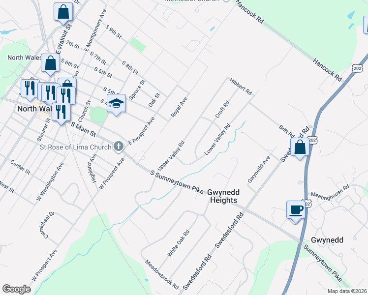 map of restaurants, bars, coffee shops, grocery stores, and more near 216 Upper Valley Road in North Wales