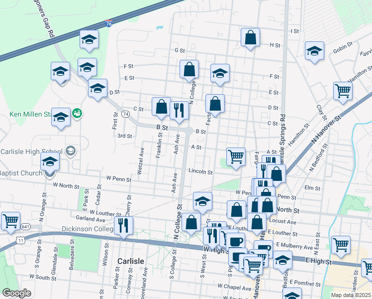 map of restaurants, bars, coffee shops, grocery stores, and more near North College Street in Carlisle