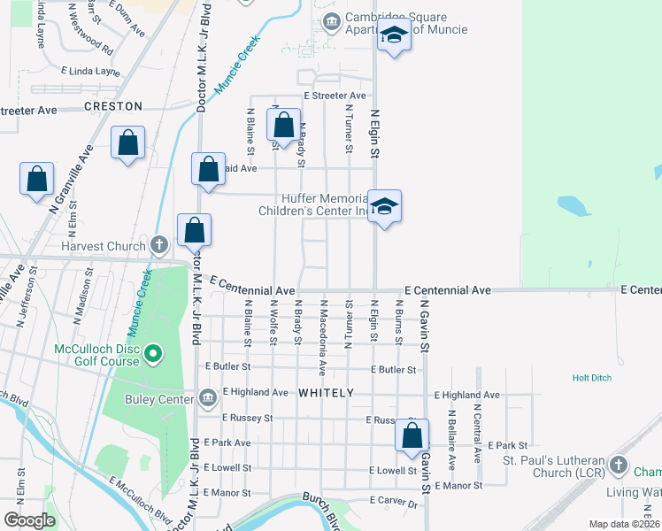 map of restaurants, bars, coffee shops, grocery stores, and more near 1717 North Macedonia Avenue in Muncie