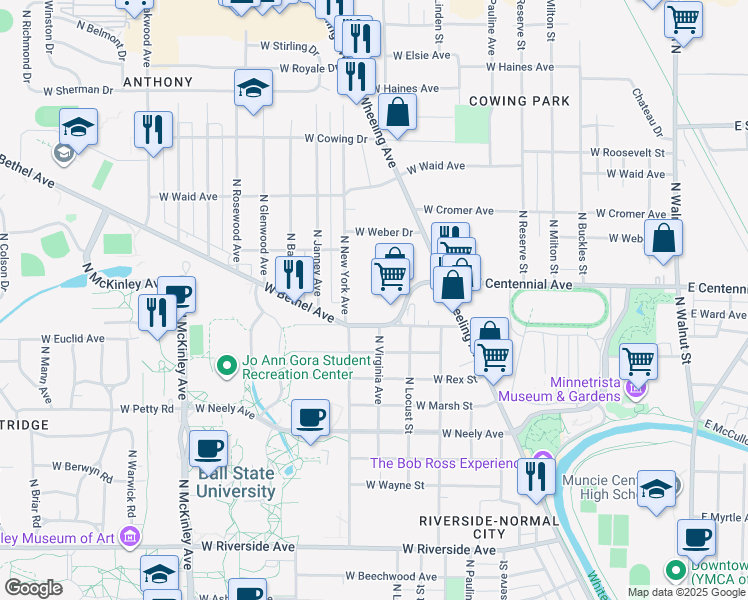 map of restaurants, bars, coffee shops, grocery stores, and more near 1204 West Bethel Avenue in Muncie