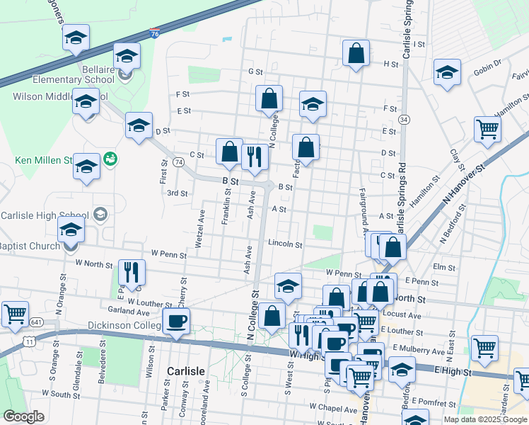 map of restaurants, bars, coffee shops, grocery stores, and more near North College Street in Carlisle