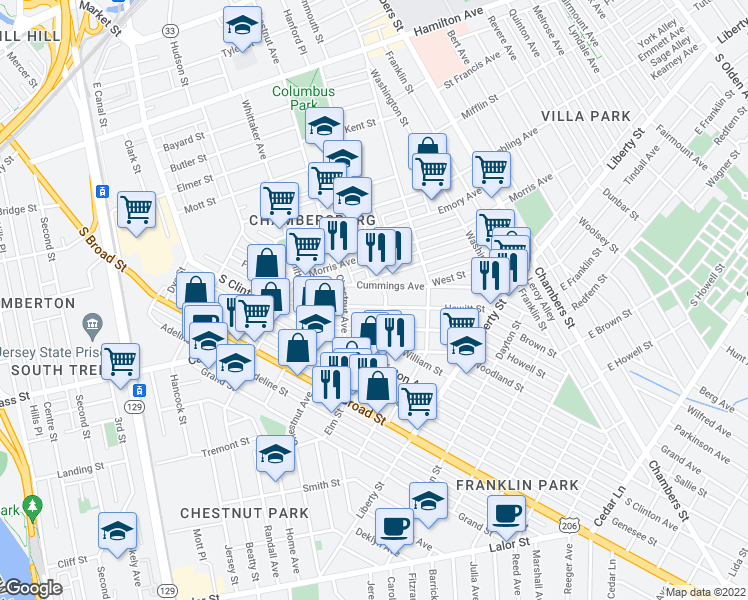 map of restaurants, bars, coffee shops, grocery stores, and more near 136 Hewitt Street in Trenton