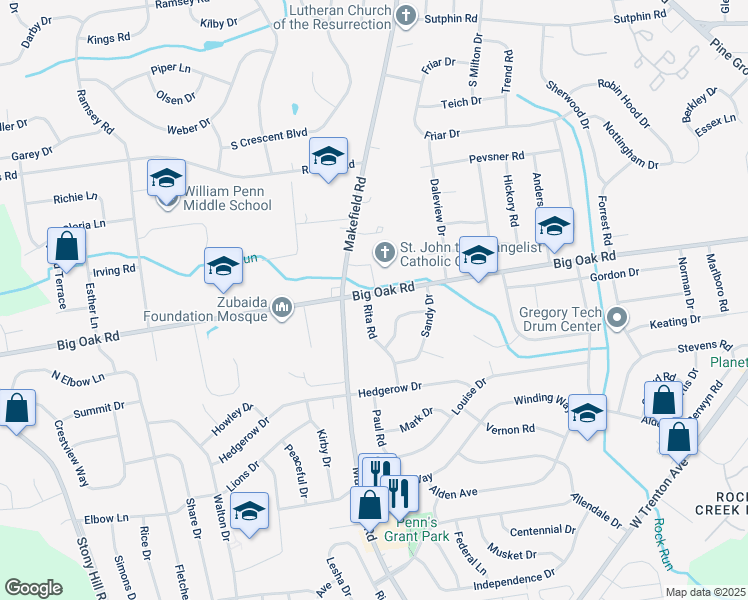 map of restaurants, bars, coffee shops, grocery stores, and more near 931 Big Oak Road in Morrisville