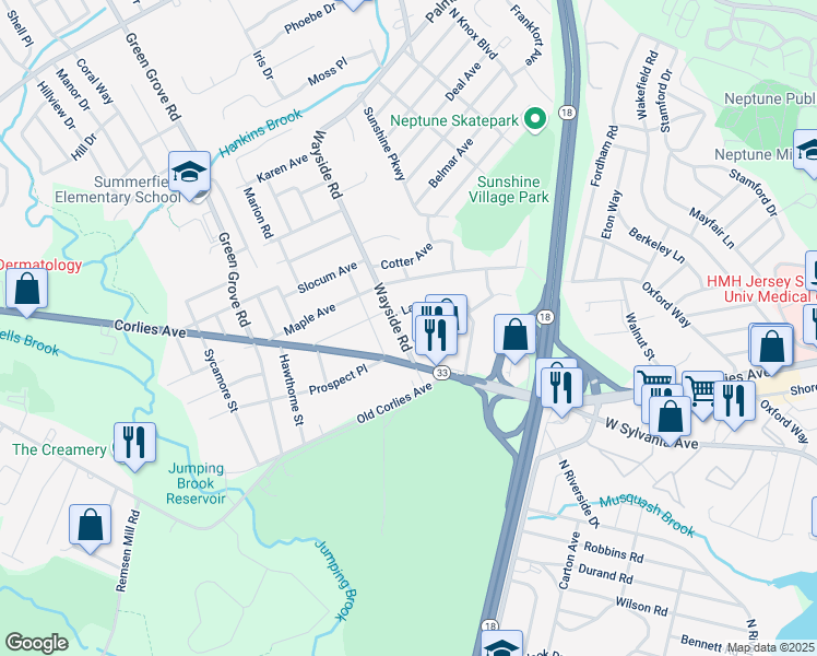 map of restaurants, bars, coffee shops, grocery stores, and more near 229 Laurel Place in Neptune City