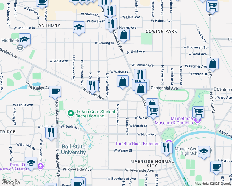 map of restaurants, bars, coffee shops, grocery stores, and more near 1204 West Bethel Avenue in Muncie