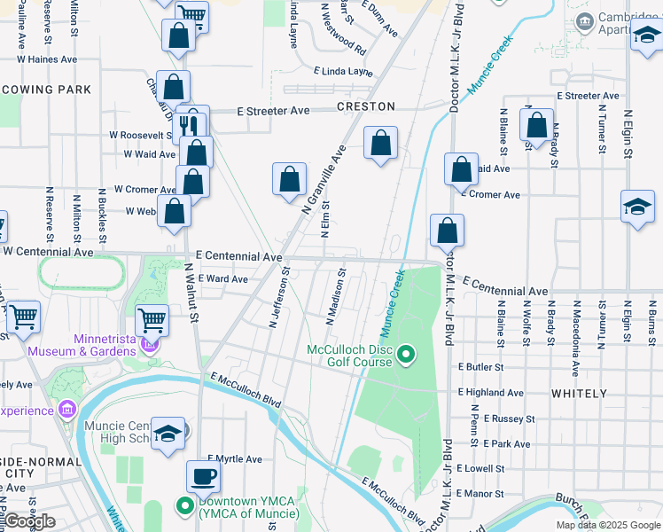 map of restaurants, bars, coffee shops, grocery stores, and more near 1700-1710 N Elm St in Muncie