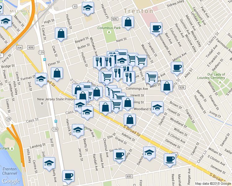 map of restaurants, bars, coffee shops, grocery stores, and more near 32 Hewitt Street in Trenton