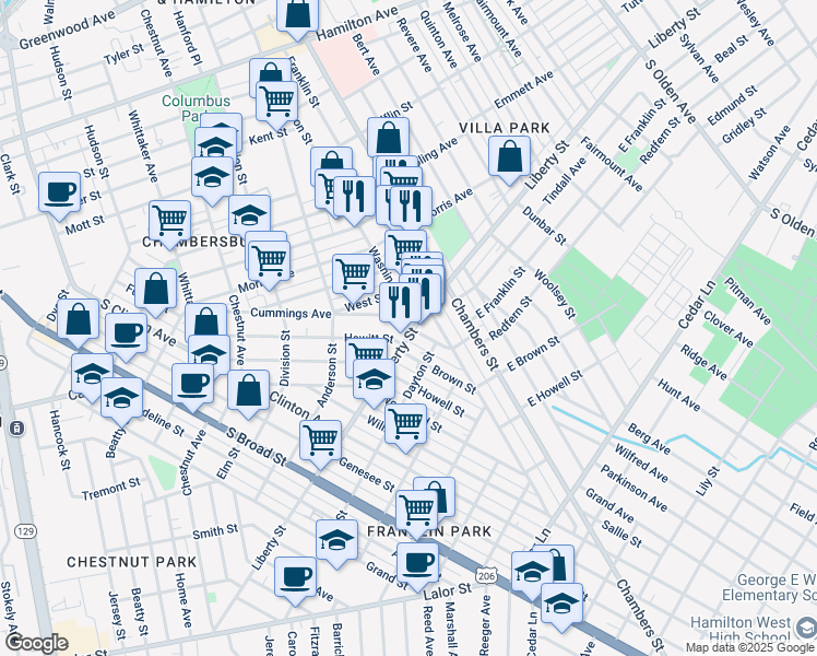 map of restaurants, bars, coffee shops, grocery stores, and more near 676 Washington Street in Trenton