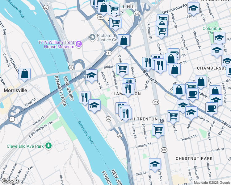 map of restaurants, bars, coffee shops, grocery stores, and more near 63 Hills Place in Trenton
