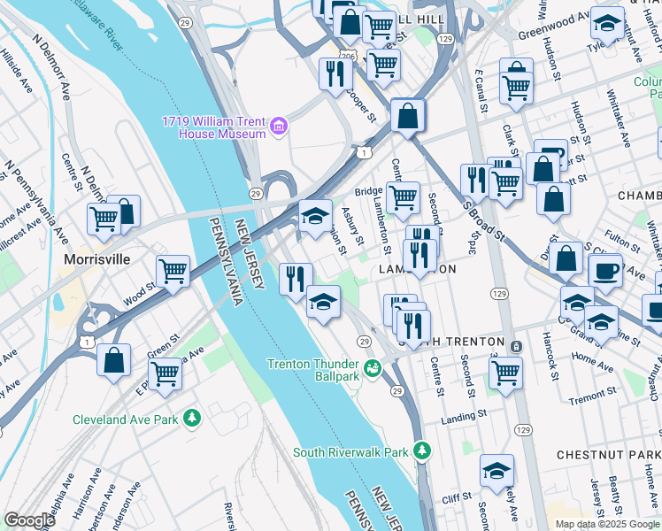 map of restaurants, bars, coffee shops, grocery stores, and more near 12 Iron Works Way in Trenton