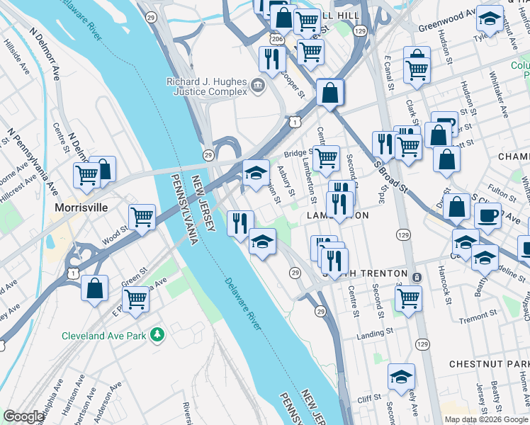 map of restaurants, bars, coffee shops, grocery stores, and more near 12 Iron Works Way in Trenton