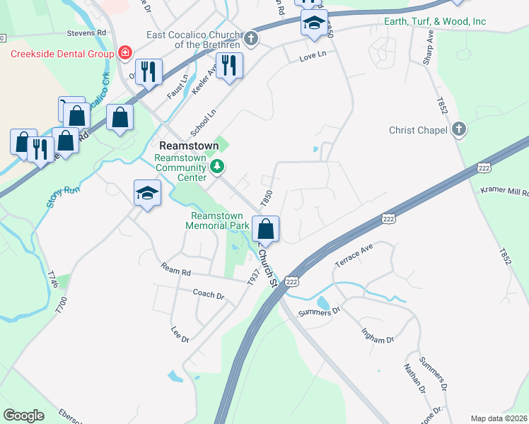map of restaurants, bars, coffee shops, grocery stores, and more near 70 East Church Street in Stevens