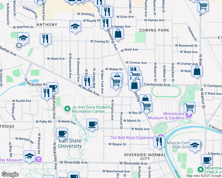 map of restaurants, bars, coffee shops, grocery stores, and more near 1204 West Bethel Avenue in Muncie