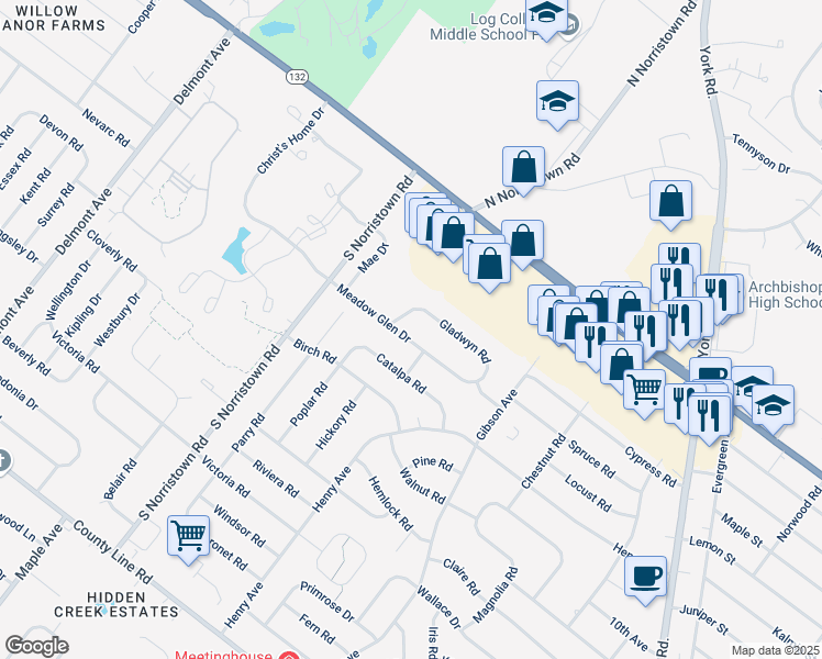 map of restaurants, bars, coffee shops, grocery stores, and more near 984 Gladwyn Road in Warminster