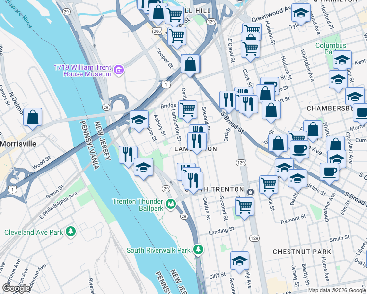 map of restaurants, bars, coffee shops, grocery stores, and more near 63 Hills Place in Trenton