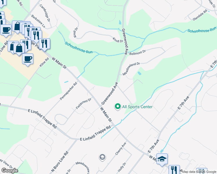 map of restaurants, bars, coffee shops, grocery stores, and more near 129 Greenwood Avenue in Collegeville