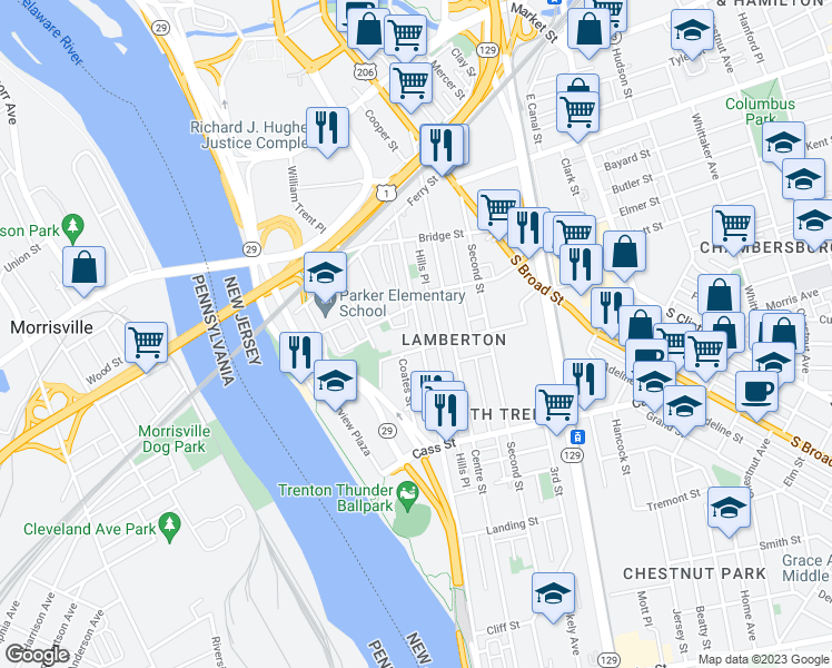 map of restaurants, bars, coffee shops, grocery stores, and more near 549 Lamberton Street in Trenton