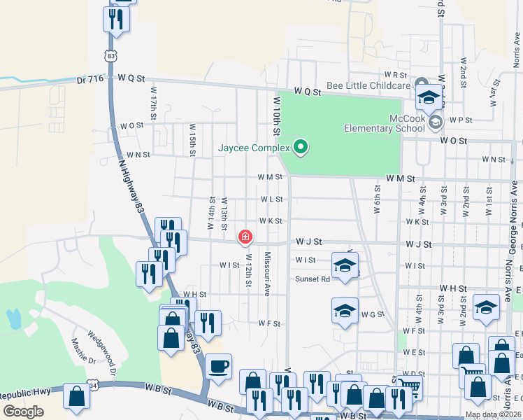 map of restaurants, bars, coffee shops, grocery stores, and more near 1212 West L Street in McCook
