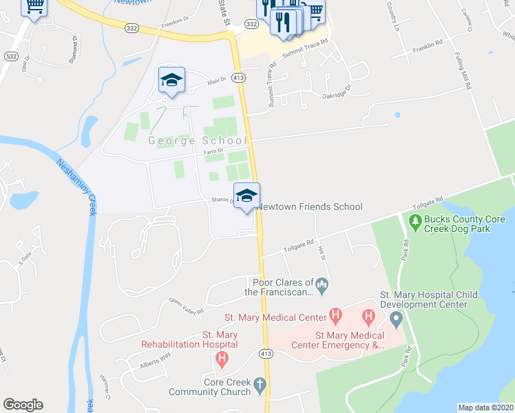 map of restaurants, bars, coffee shops, grocery stores, and more near 1382 Langhorne-Newtown Road in Langhorne