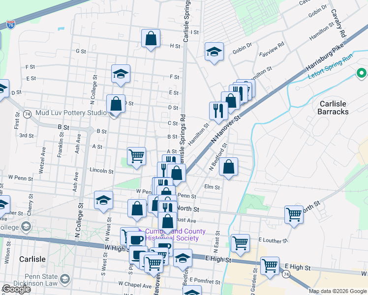 map of restaurants, bars, coffee shops, grocery stores, and more near 105 Spring Road in Carlisle