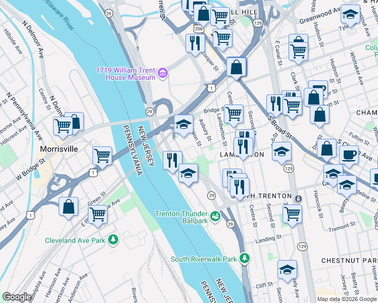 map of restaurants, bars, coffee shops, grocery stores, and more near 12 Iron Works Way in Trenton