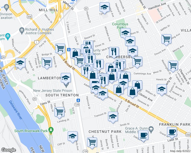 map of restaurants, bars, coffee shops, grocery stores, and more near Genesee Street & Hudson Street in Trenton
