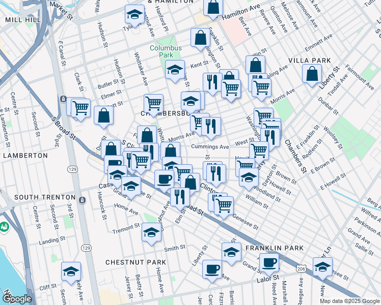 map of restaurants, bars, coffee shops, grocery stores, and more near 918 Chestnut Avenue in Trenton