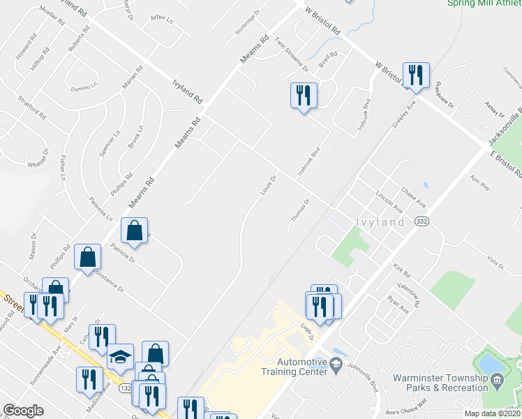 map of restaurants, bars, coffee shops, grocery stores, and more near 995 Louis Drive in Warminster