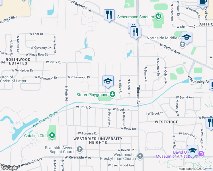 map of restaurants, bars, coffee shops, grocery stores, and more near 3211 West Mansfield Drive in Muncie