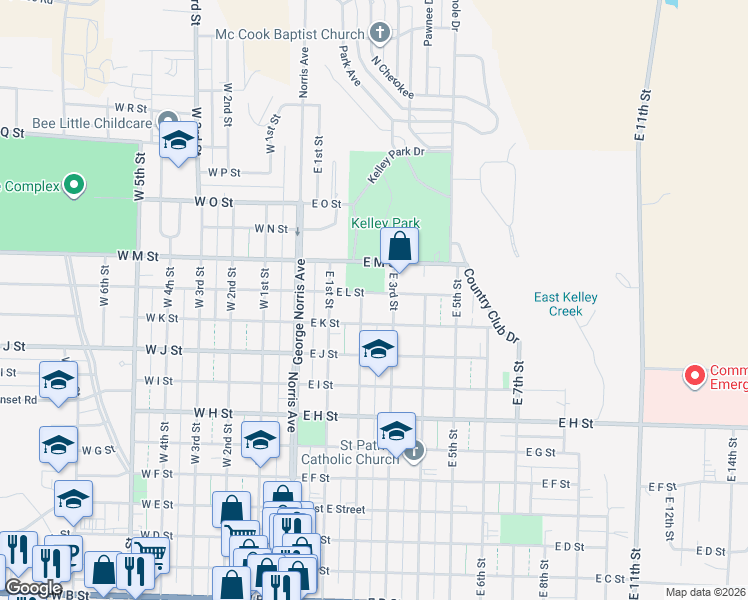 map of restaurants, bars, coffee shops, grocery stores, and more near 201-299 East L Street in McCook
