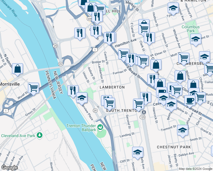 map of restaurants, bars, coffee shops, grocery stores, and more near 63 Hills Place in Trenton